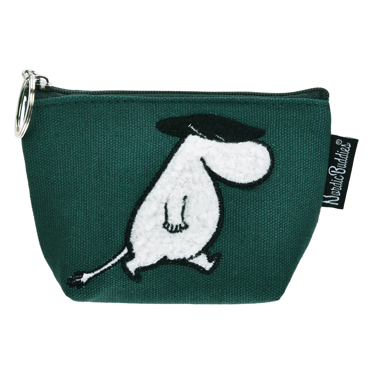 The Moomin Coin Purse - Troll Black features dark green fabric, a metal zip, key ring, and an embroidered white Moomin with a big nose and black hat. A playful addition with a side Black Moomin Characters tag for your collection. Gate21.ee