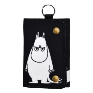 The Moomin Wallet - Little My Idea (Copy) is a black fabric wallet with two gold press studs, a keyring loop, and a serious-faced white Moomin character printed on the front—ideal for pairing with your favourite Moomin keyrings. Gate21.ee