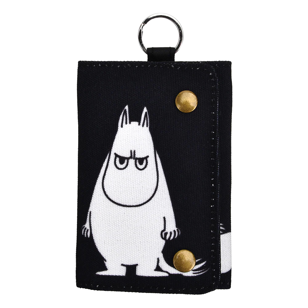 The Moomin Wallet - Little My Idea (Copy) is a black fabric wallet with two gold press studs, a keyring loop, and a serious-faced white Moomin character printed on the front—ideal for pairing with your favourite Moomin keyrings. Gate21.ee