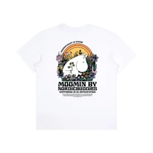 The white Moomin Ts - Novels (Copy) features a colourful Moomin character among flowers and a sunset, with the inspiring phrase: “EVENTUALLY IN SPRING MOOMIN BY NORDICBUDDIES HAPPINESS IS IN ANTICIPATION.”. Gate21.ee