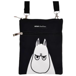 A black Moomin Wallet - Troll Black with a zippered pocket, featuring an angry white cartoon character on the front and a MOOMIN Nordic Buddies label. Pair with Moomin keyrings for extra fun!. Gate21.ee