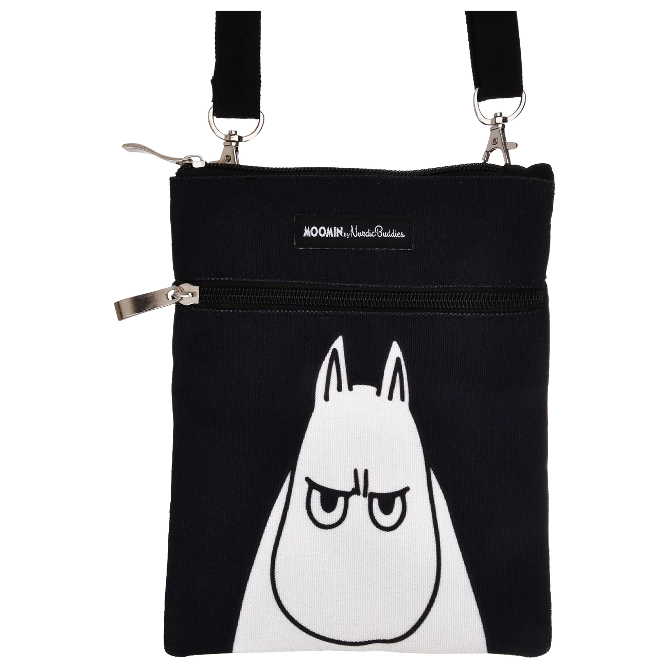 A black Moomin Wallet - Troll Black with a zippered pocket, featuring an angry white cartoon character on the front and a MOOMIN Nordic Buddies label. Pair with Moomin keyrings for extra fun!. Gate21.ee