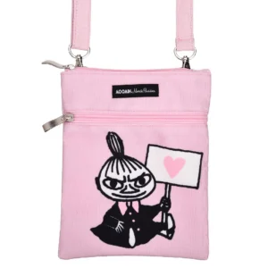 The Moomin Neck Bag - Troll Black (Copy) is a small, light pink shoulder bag with an adjustable strap, zip fastening, MOOMIN label, and a black cartoon character holding a sign with a pink heart. Gate21.ee