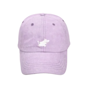 A pink Moomin Cap with a white embroidered dog on the front, displayed against a plain light grey background—perfect for pairing with your favourite Moomin keyrings for a touch of playful charm. Gate21.ee