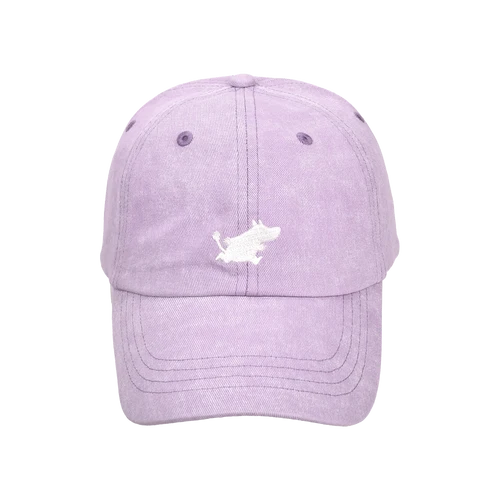A pink Moomin Cap with a white embroidered dog on the front, displayed against a plain light grey background—perfect for pairing with your favourite Moomin keyrings for a touch of playful charm. Gate21.ee
