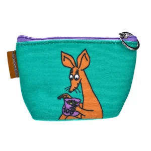 The Moomin Coin Purse - Troll Green (Copy) is a small teal fabric pouch with a purple zip and kangaroo illustration, plus a brown side tag—ideal for storing Moomin keyrings or other small treasures. Gate21.ee