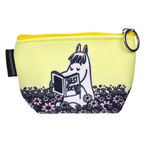 The Moomin Coin Purse - Sniff (Copy) is a small yellow zip-fastened pouch with a metal key ring, showcasing a white character reading a “BEST BOOK” among flowers—ideal for holding Moomin keyrings. Gate21.ee