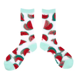 A pair of transparent socks by Coucou Suzette featuring yellow sunflower patterns, light green cuffs, heels, and toes, adding a cheerful floral touch to your look. Product Name: Sunflowers - Transparent Socks (Copy). Gate21.ee