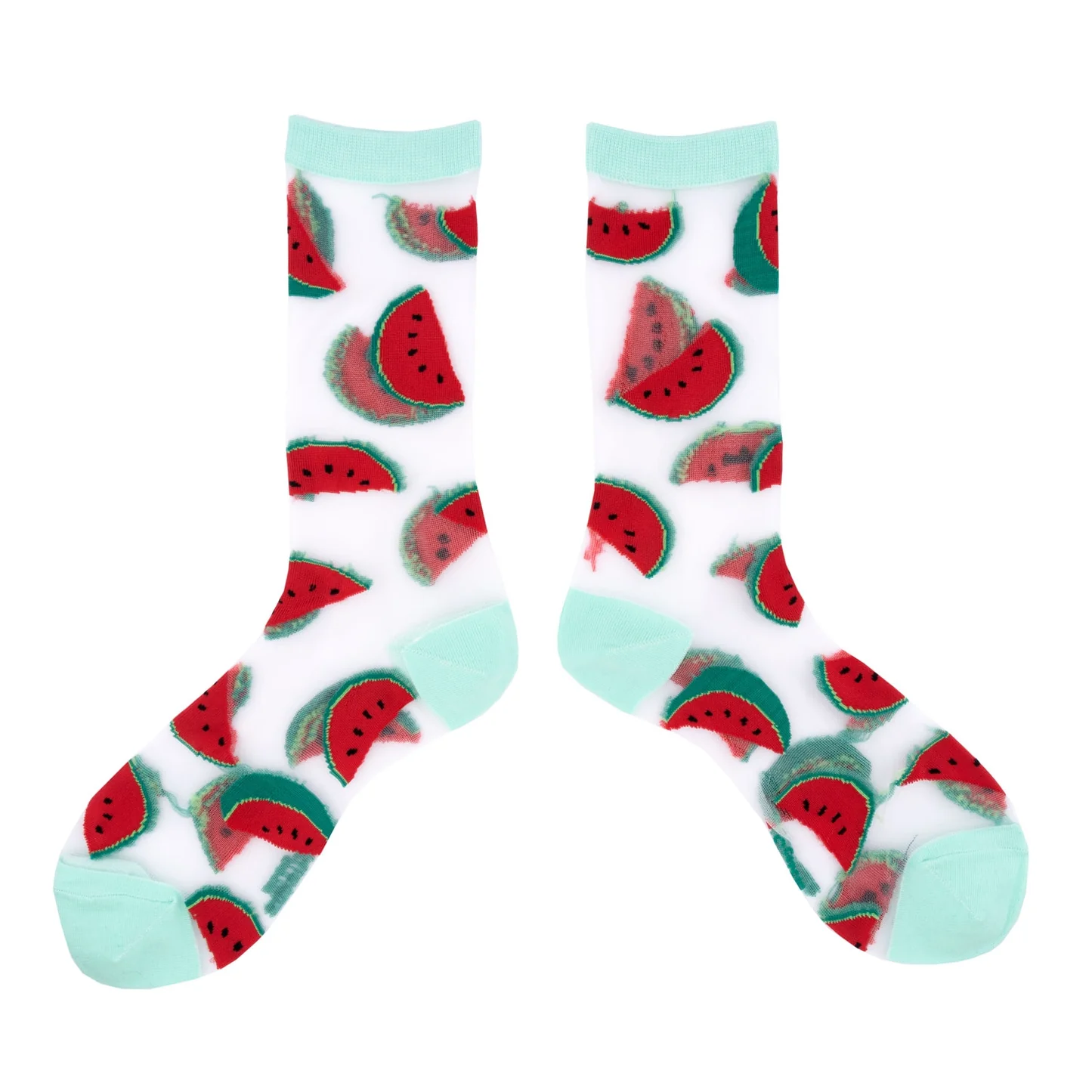 A pair of transparent socks by Coucou Suzette featuring yellow sunflower patterns, light green cuffs, heels, and toes, adding a cheerful floral touch to your look. Product Name: Sunflowers - Transparent Socks (Copy). Gate21.ee