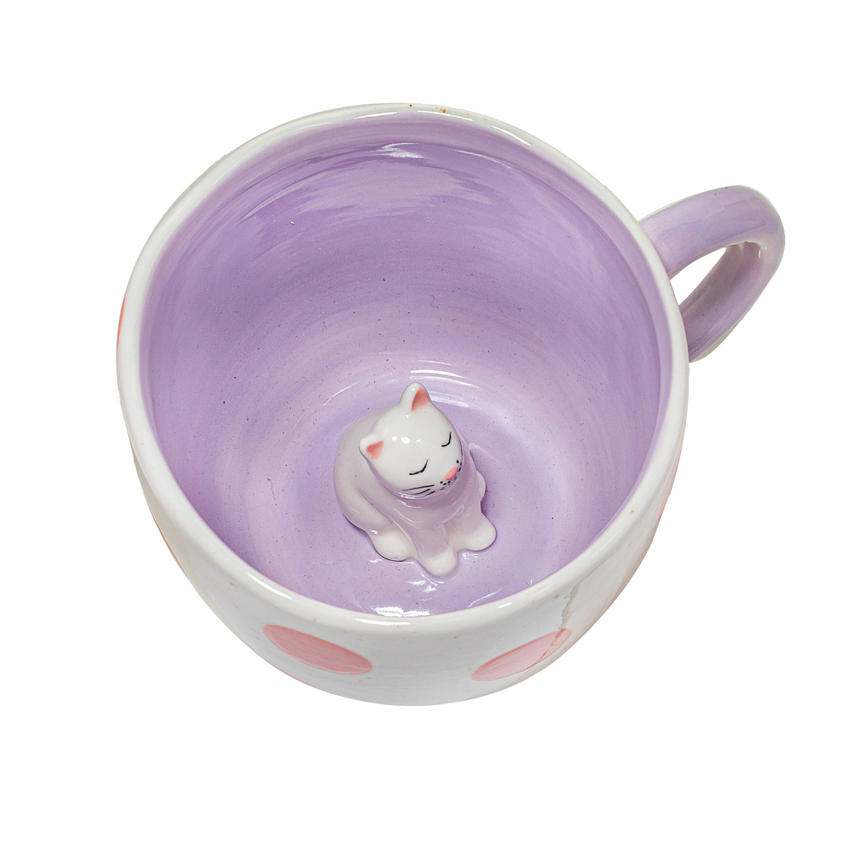 The Surprise Dog - Cup (Copy) is a ceramic mug with a lavender interior, pink polka dots outside, and a small white dog figurine fixed at the bottom inside the mug. Gate21.ee