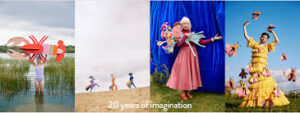 Four vibrant scenes: a person in water with the Rosalia Beetle, people in costumes on sand, someone in pink with plush creatures, and a person in floral among butterflies and a StudioROOF dragonfly. Text: “20 years of imagination.”. Gate21.ee