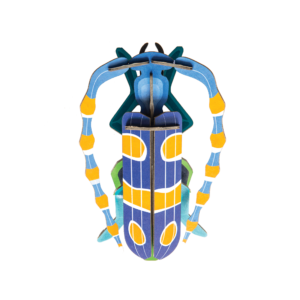A stylised illustration of the Rosalia Beetle inspired by StudioROOF, showing a blue body with yellow spots and lines, light blue legs, and a top-down view on a plain white background. Gate21.ee