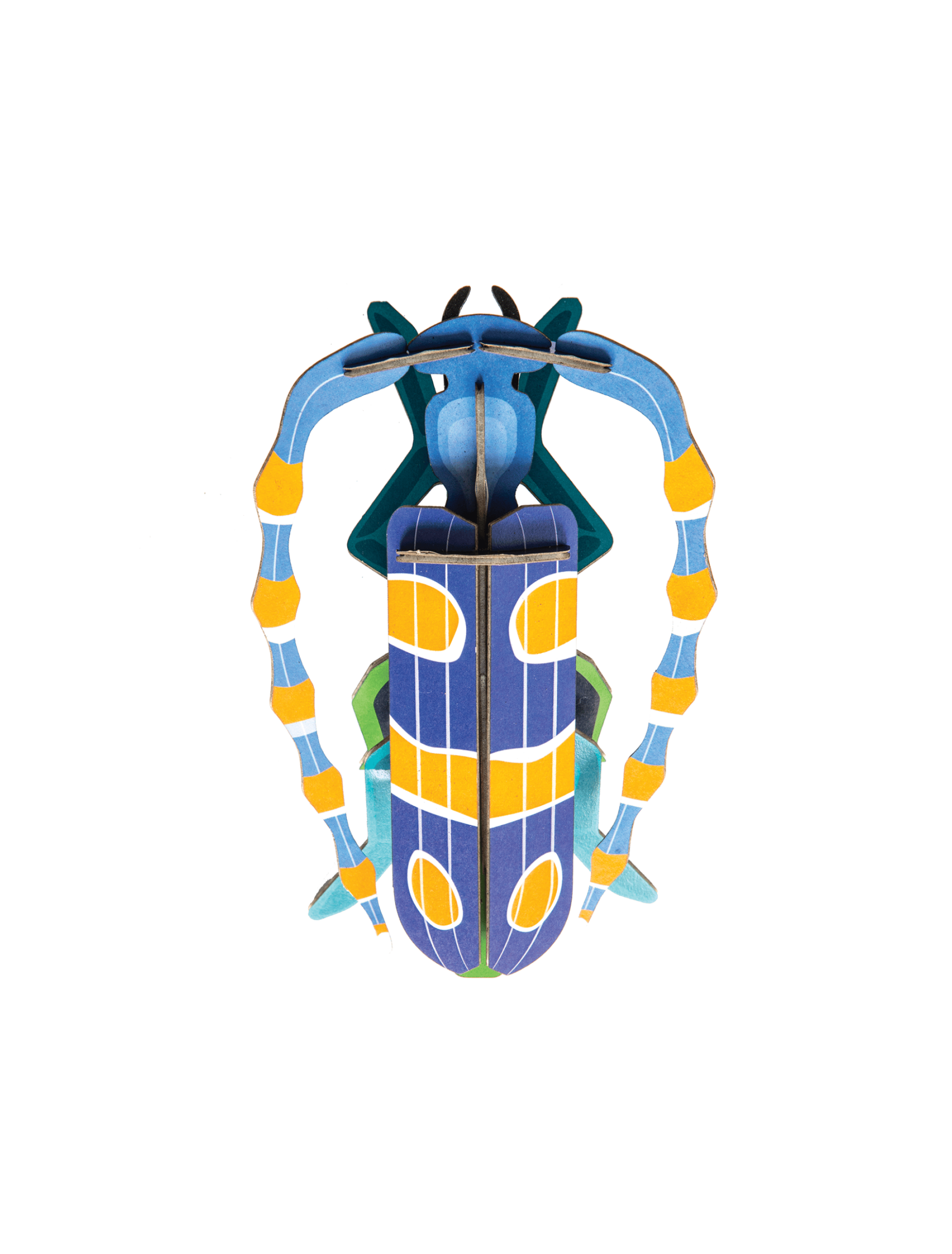 A stylised illustration of the Rosalia Beetle inspired by StudioROOF, showing a blue body with yellow spots and lines, light blue legs, and a top-down view on a plain white background. Gate21.ee