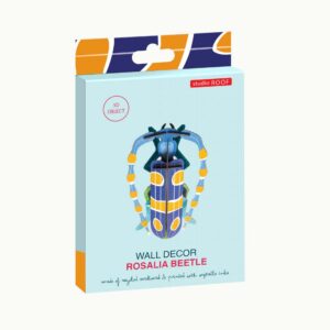 The Rosalia Beetle by StudioROOF is a 3D wall decor made of recycled cardboard. Featuring blue, yellow, and orange details, its illustrated design matches the style of other StudioROOF insects like the dragonfly. Gate21.ee