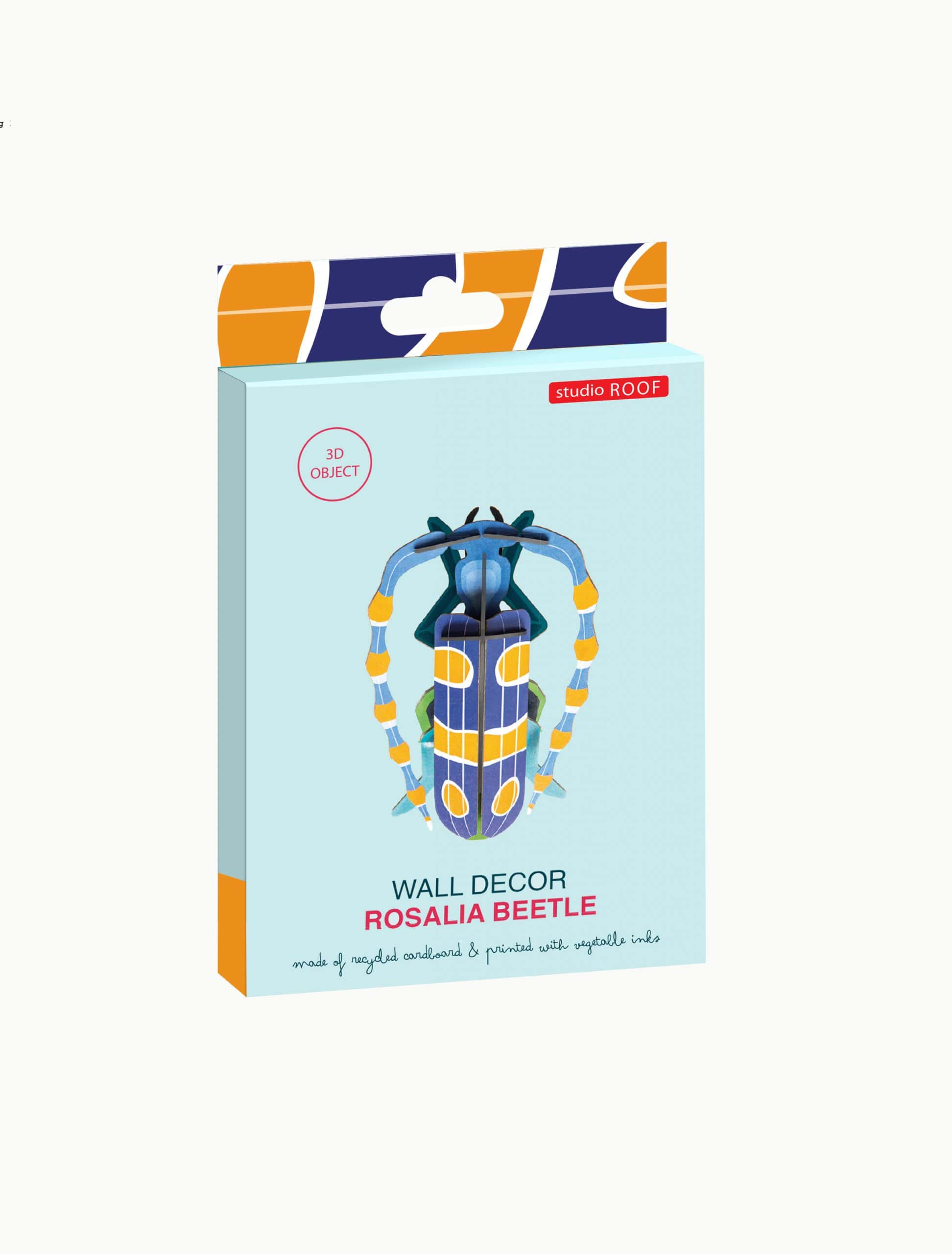 The Rosalia Beetle by StudioROOF is a 3D wall decor made of recycled cardboard. Featuring blue, yellow, and orange details, its illustrated design matches the style of other StudioROOF insects like the dragonfly. Gate21.ee