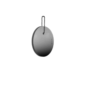 The Dangle - Round - Black Fade is a round, flat grey reflector with a black edge and a beaded chain at the top, displayed on a plain white background. Gate21.ee