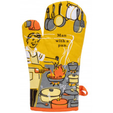 The “Man with a pan - Oven Mitt” by BlueQ is yellow and displays an illustration of a man cooking with a flaming pan, surrounded by pots and pans. The mitt features the text “Man with a pan” and includes an orange hanging loop at the bottom right corner. Gate21.ee