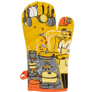 A yellow “Man with a pan” oven glove by BlueQ, featuring an illustration of a person cooking at a cooker surrounded by hanging pots and pans, with various dishes steaming on the hobs. Gate21.ee