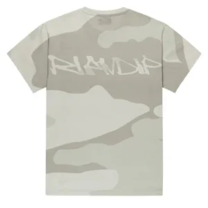 The Nermal Pocket Bone Graffiti Tee - Camo is a short-sleeve RIPnDIP T-shirt featuring a light grey and beige camo pattern with white graffiti-style text across the upper back. Gate21.ee