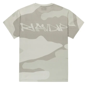 The Nermal Pocket Bone Graffiti Tee - Camo is a short-sleeve RIPnDIP T-shirt featuring a light grey and beige camo pattern with white graffiti-style text across the upper back. Gate21.ee