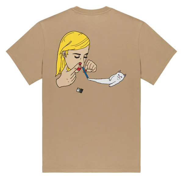 The Coco Nerm Tee - Tan features a graphic of a blonde person snorting a line that transforms into white cat Nermal, lying on its back, with a rolled note in hand and a small card by the powder. Gate21.ee