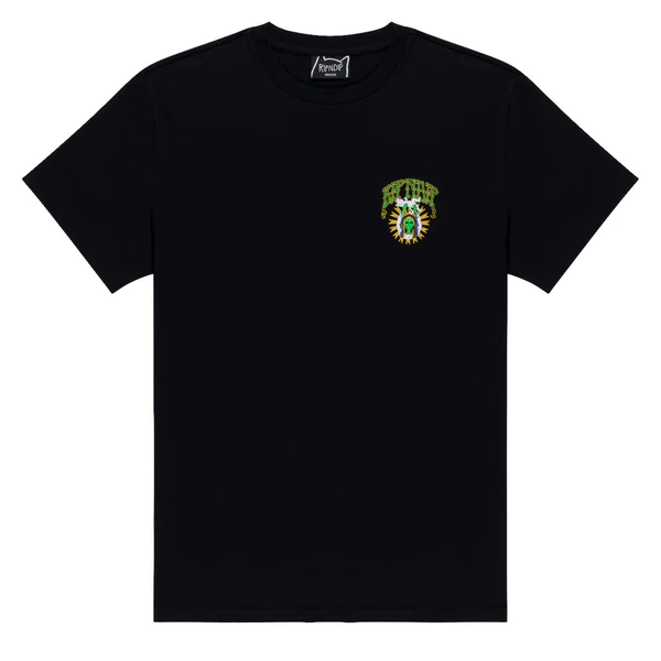 The Devil Alien Tee - Dusty Forest (Copy) is a black RIPnDIP short-sleeve shirt featuring a small, colourful green and yellow eye graphic on the left chest. Gate21.ee