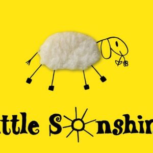 A playful sheep inspired by Piggy - Inkognito Postcards (Copy), with a cotton wool body, appears above "Little Sonshine" on a bright yellow background; the “o” in Sonshine is illustrated as a sun. Gate21.ee