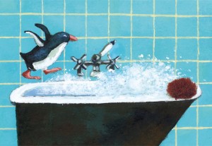 A cartoon penguin is about to jump into a black bath with splashing water. A brown sponge sits on the edge, and the blue tiled wall displays "With Love - Inkognito Postcards (Copy)" for a quirky touch. Gate21.ee