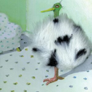 A drawing of "Sunshine (Copy)", a bird with a fluffy, fur-like body and black spots, stands indoors on a patterned floor next to a light sofa against a pale green wall. Gate21.ee