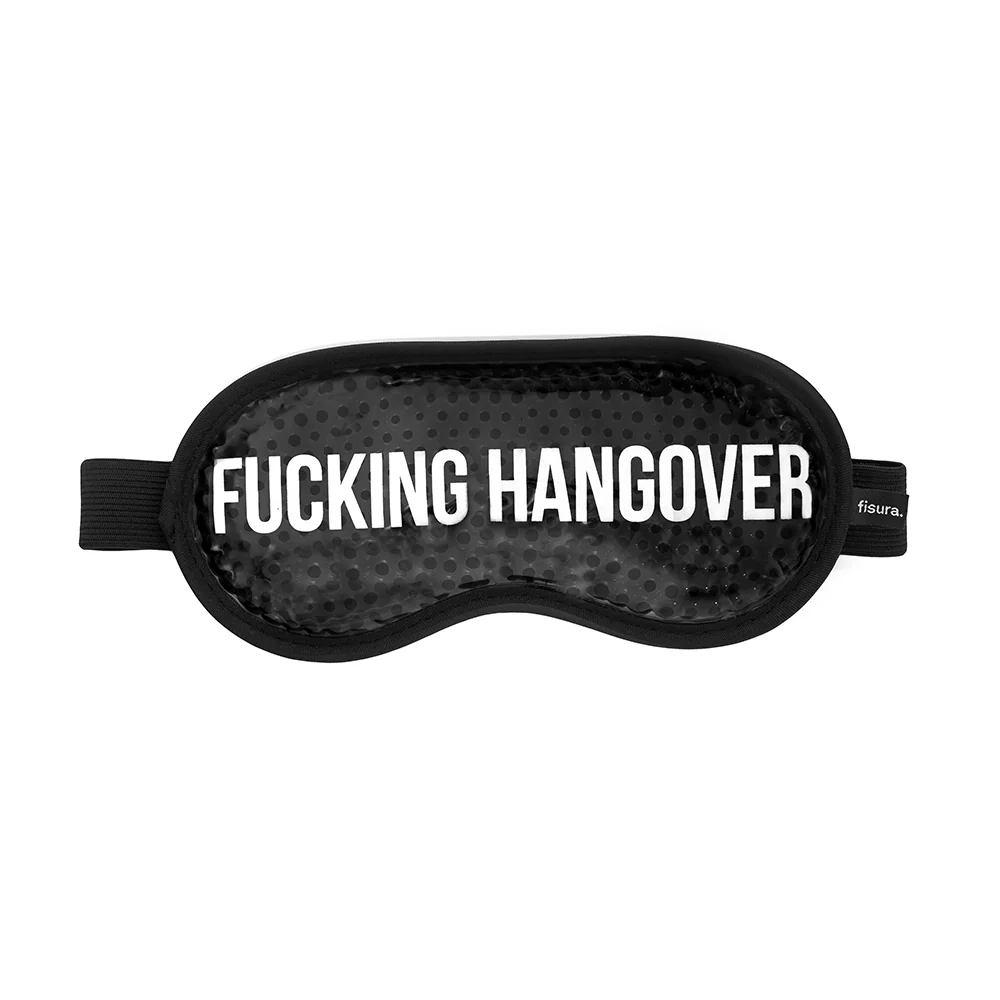 The "Fucking Hangover" gel eye mask features bold white text on black—ideal for those needing a sleep mask to block out bright nights. Gate21.ee