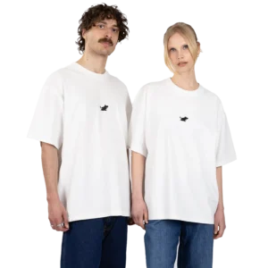 A man and a woman stand side-by-side wearing Moomin Ts - Black (Copy), white T-shirts featuring a small black cat graphic. Gate21.ee