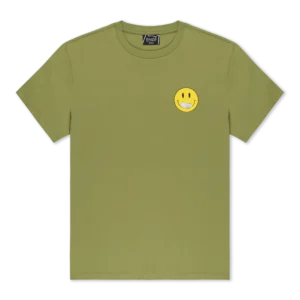 Olive green Here All Along Tee crew neck T-shirt with a small yellow smiley face graphic on the chest. Gate21.ee