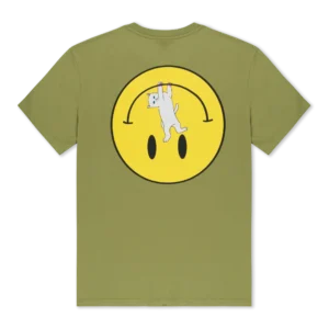 Here All Along Tee - Black olive green t-shirt featuring a back graphic of a white cat hanging from the curved mouth of a large yellow smiley face. Gate21.ee