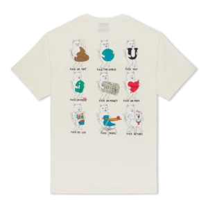 Back of a dusty olive Nerman Rockwell T-shirt featuring a grid of nine cartoon cats, each paired with a short phrase containing an expletive. Gate21.ee