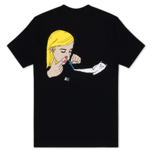 The Coco Nerm Tee - Black features a graphic of a blonde woman using a straw to inhale a white line, which transforms into the iconic RIPnDIP cat stretching towards the straw. Gate21.ee