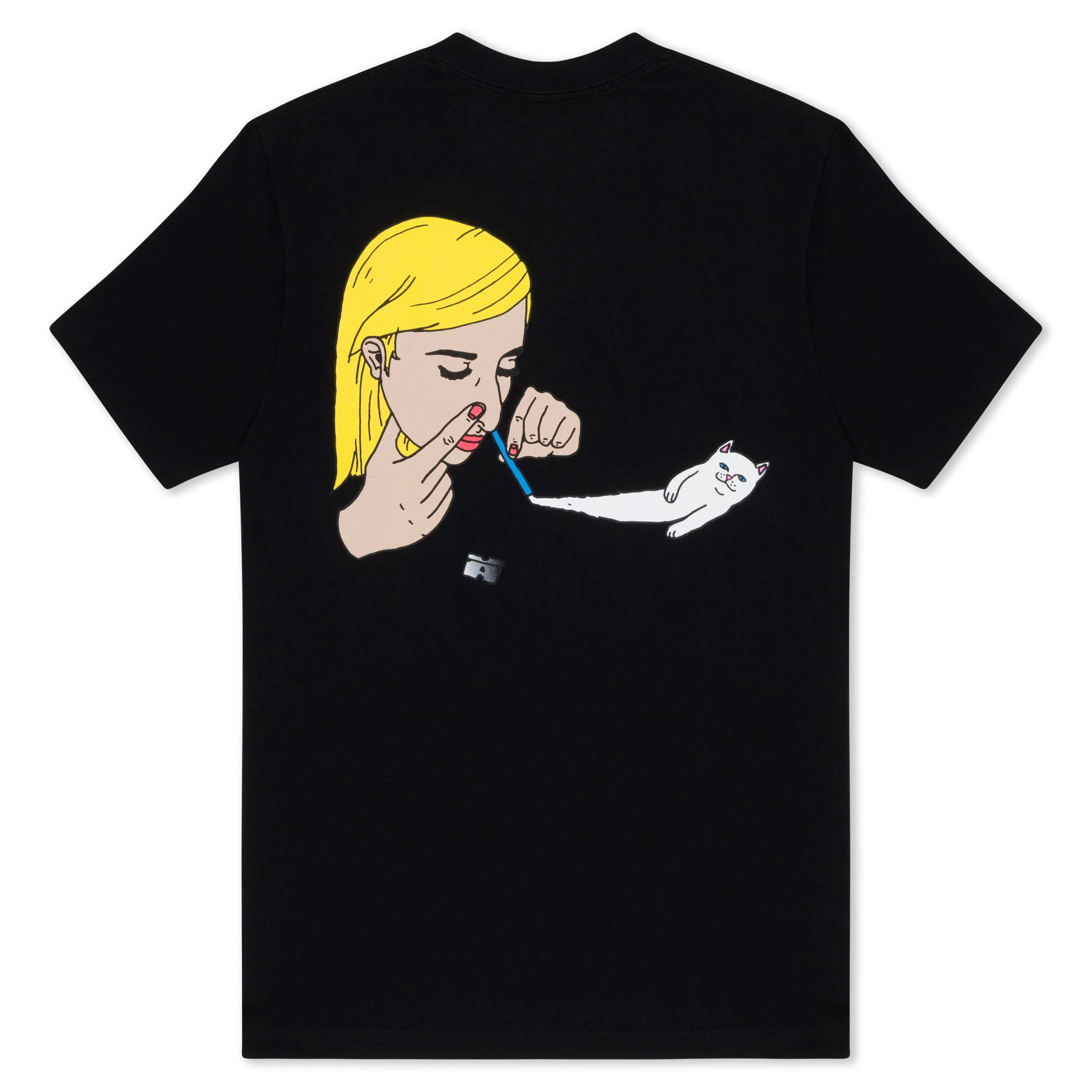 The Coco Nerm Tee - Black features a graphic of a blonde woman using a straw to inhale a white line, which transforms into the iconic RIPnDIP cat stretching towards the straw. Gate21.ee
