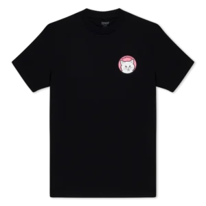 A black Must Be Nice T-shirt featuring a small white cat’s face inside a pink circle on the left chest. Gate21.ee