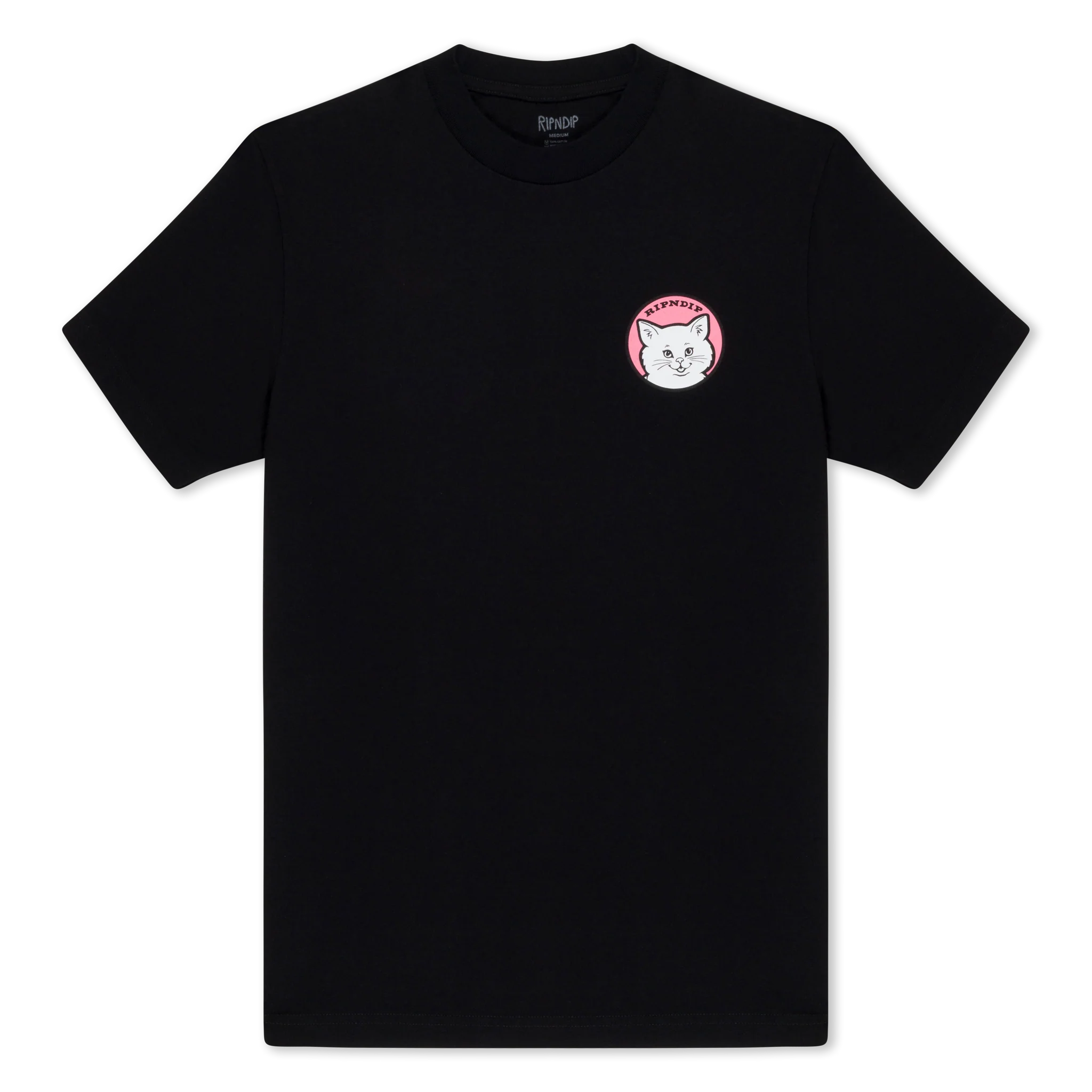 A black Must Be Nice T-shirt featuring a small white cat’s face inside a pink circle on the left chest. Gate21.ee