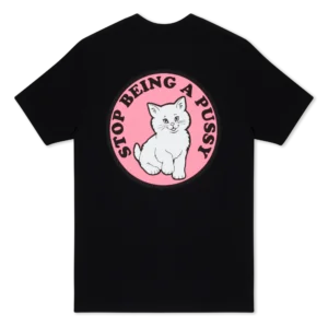 The Must Be Nice Tee - Black features a large pink circle on the back with an illustrated white cat and the phrase "STOP BEING A PUSSY" in bold black letters around the cat. Gate21.ee