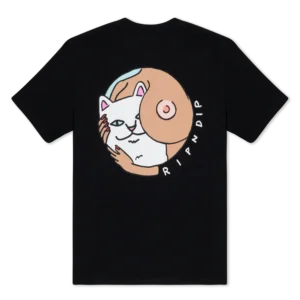 The Coco Nerm Tee - Black features a graphic of a white cat embraced by a nude human, with "RIPNDIP" curved along the side. Gate21.ee