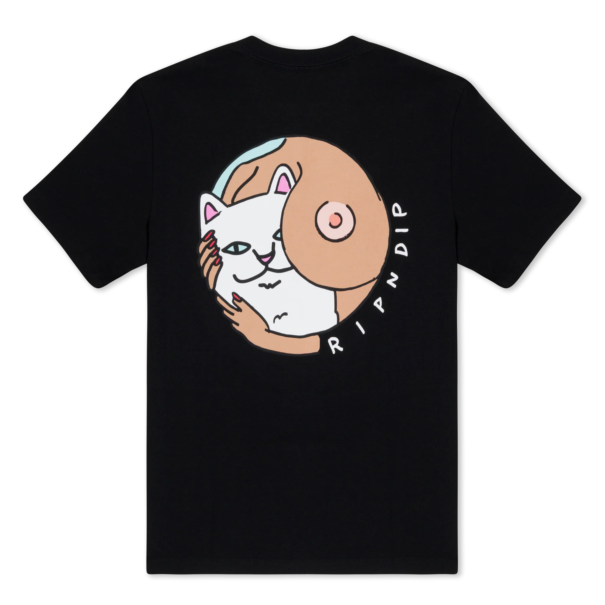 The Coco Nerm Tee - Black features a graphic of a white cat embraced by a nude human, with "RIPNDIP" curved along the side. Gate21.ee