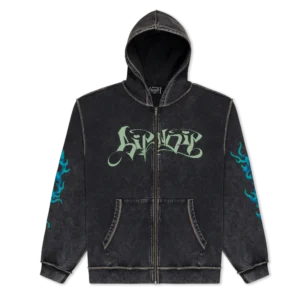 The Goosebumps Zip Hoodie - Bone features a black zip-up design, faded seams, green KINDLY text on the chest, blue flame graphics on both sleeves, front pockets, and a drawstring hood—RipnDip-inspired style. Gate21.ee