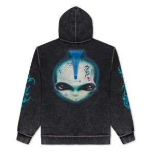 The Squabble UP Hoodie - Black Vintage Wash features a large back graphic of an alien head with a blue mohican, graffiti-style doodles, and blue flame designs on both sleeves inspired by the RIPnDIP Skelly Nerm Smokes Tee. Gate21.ee