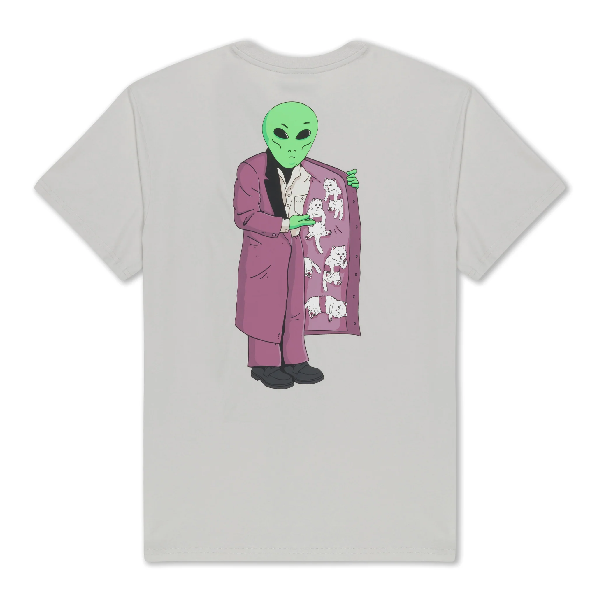 The For Sale Pocket Tee - Grey by RIPnDIP is a light grey T-shirt featuring a green alien in a purple suit opening his coat to reveal several illustrated cats inside. Gate21.ee