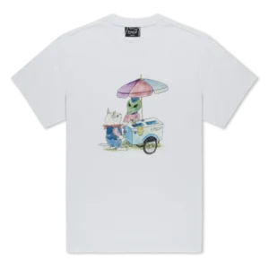 The Dragonology T-shirt - Brown (Copy) features an illustration of an alien serving ice cream from a cart to an anthropomorphic white animal in a pink scarf and blue jacket, both under a pastel umbrella. Gate21.ee