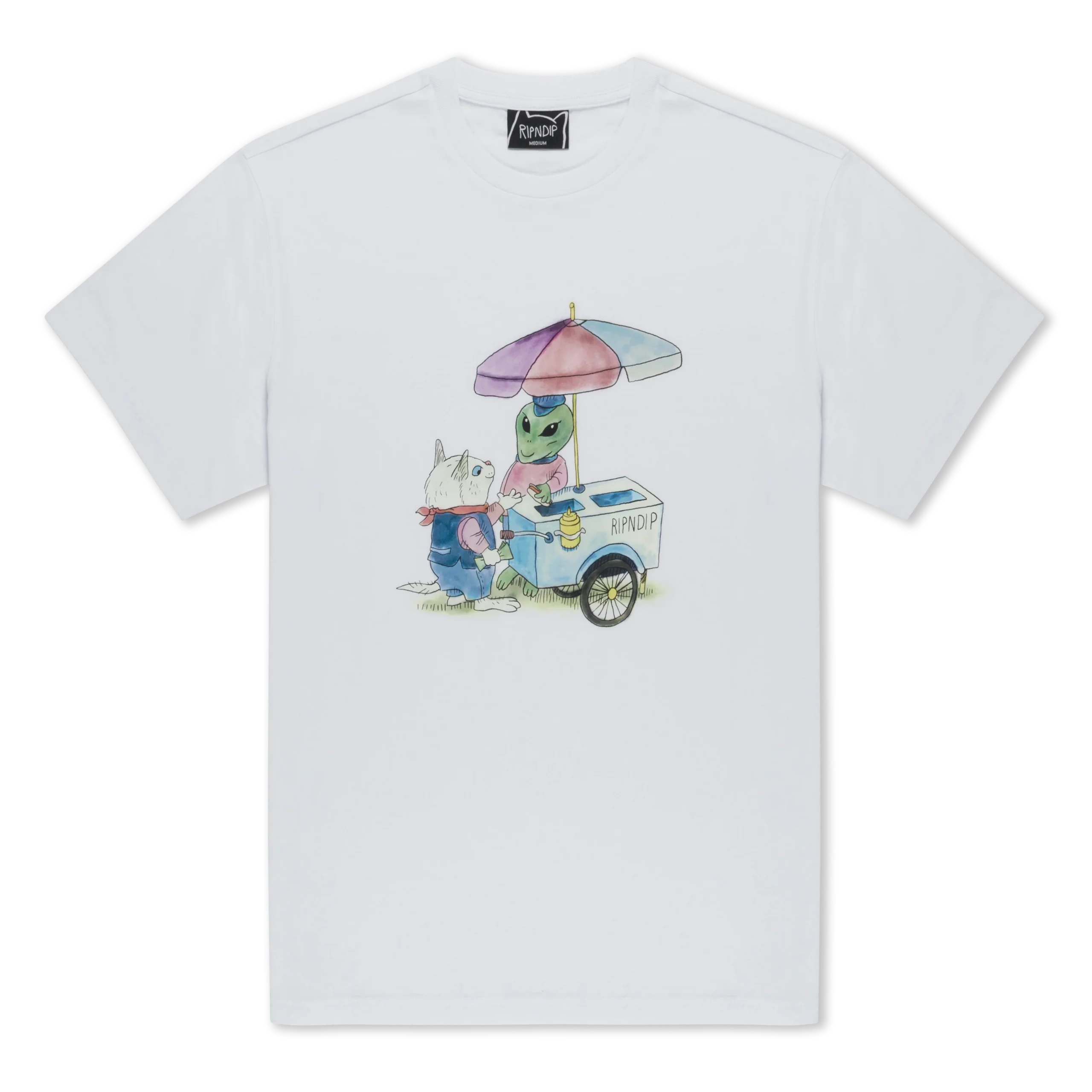 The Dragonology T-shirt - Brown (Copy) features an illustration of an alien serving ice cream from a cart to an anthropomorphic white animal in a pink scarf and blue jacket, both under a pastel umbrella. Gate21.ee