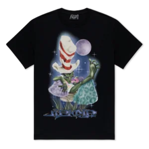 The Here All Along Tee - Black features a graphic of a cartoon creature in a red-and-white striped hat, green spectacles, and vibrant clothes with a moonlit, starry backdrop and stylised text at the bottom. Gate21.ee