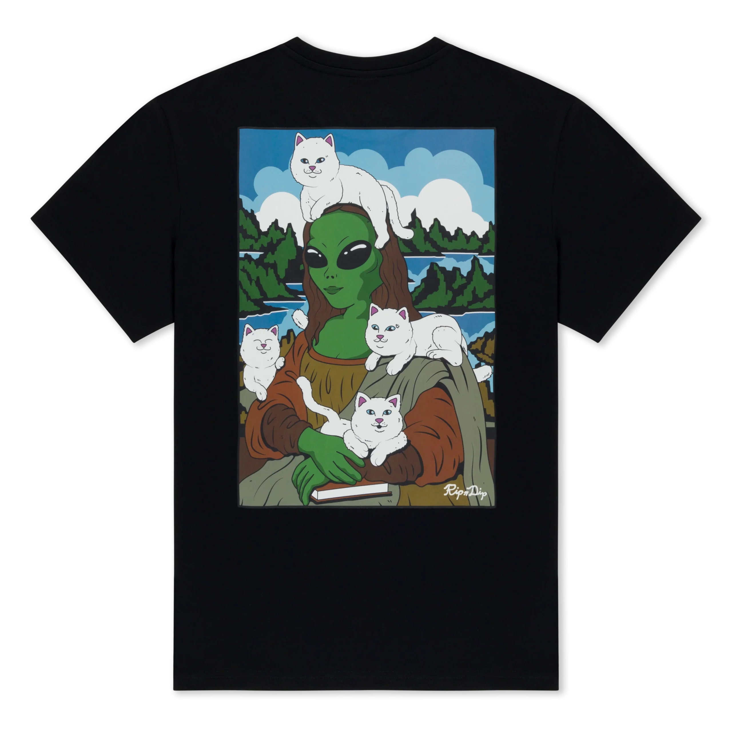 The Sanctum Tee - Black features an illustration of an alien as the Mona Lisa sitting with five white cats in a scenic landscape with trees and mountains. Gate21.ee