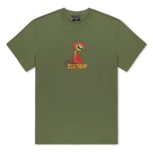 White short-sleeve Nerm Frios Tee by RIPNDIP, featuring a small graphic of a green alien in a red hoodie above bold yellow and orange RIPNDIP lettering on the chest. Gate21.ee