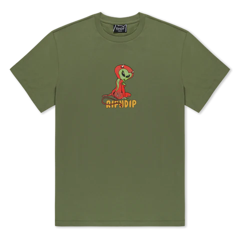 White short-sleeve Nerm Frios Tee by RIPNDIP, featuring a small graphic of a green alien in a red hoodie above bold yellow and orange RIPNDIP lettering on the chest. Gate21.ee